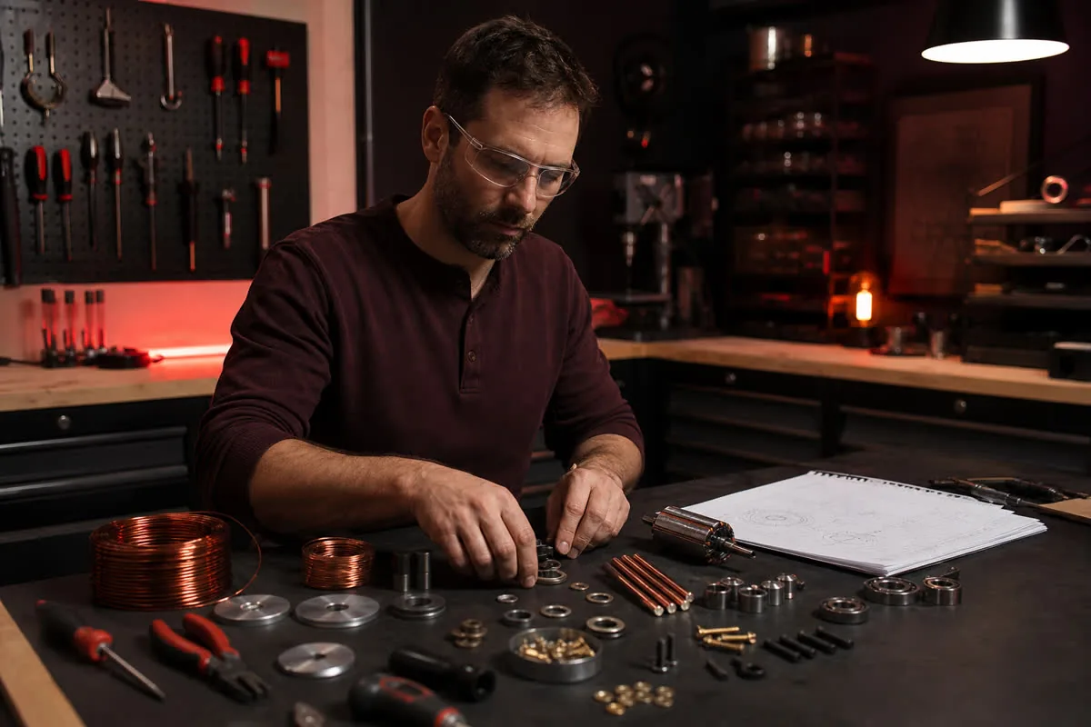 Safety-conscious adult hobbyist organizing copper wire, tools and blank plans at a clean workbench