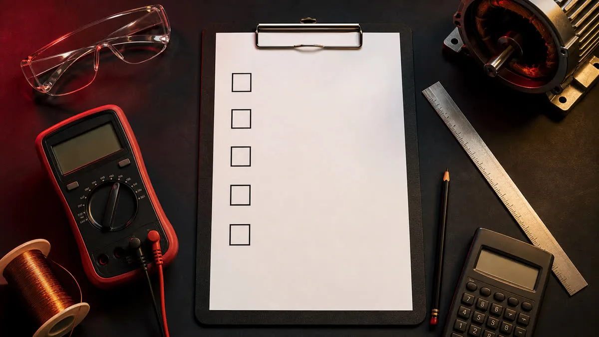 Top-down buyer checklist with safety glasses, switched-off multimeter, copper wire, ruler and calculator