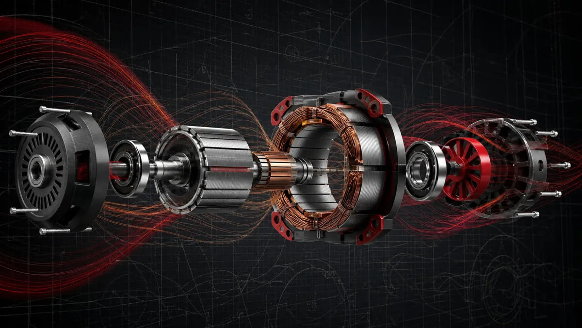 Neutral exploded illustration of a rotor, stator, copper winding and magnetic field arcs