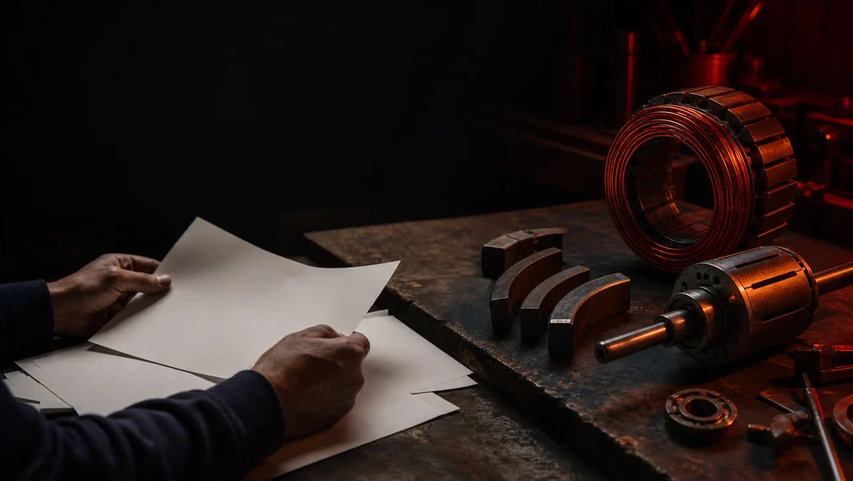 Copper coils, metal rotor parts and blank project diagrams on a dramatic workshop bench